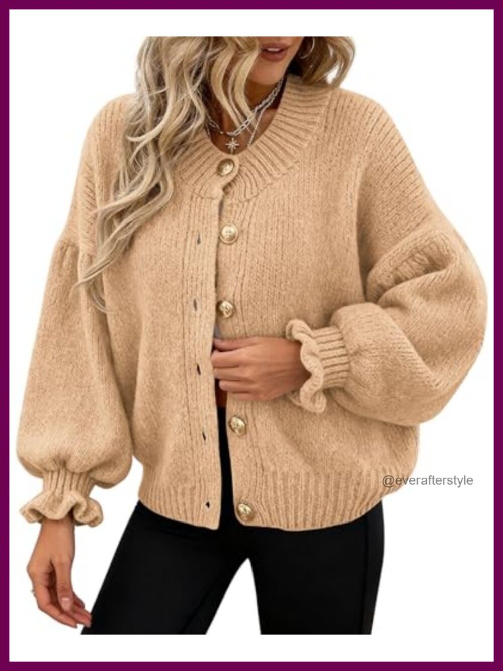 Women's Long Sleeve Chunky Knit Cardigan - Cropped Ruffle Crew Neck Button Up